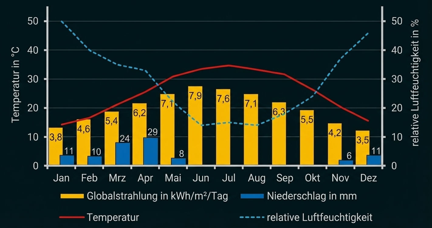 Monatsdiagramm: Globalstrahlung (gelb), Niederschlag (blau), Temperatur (rot) und relative Luftfeuchte (gestrichelt).